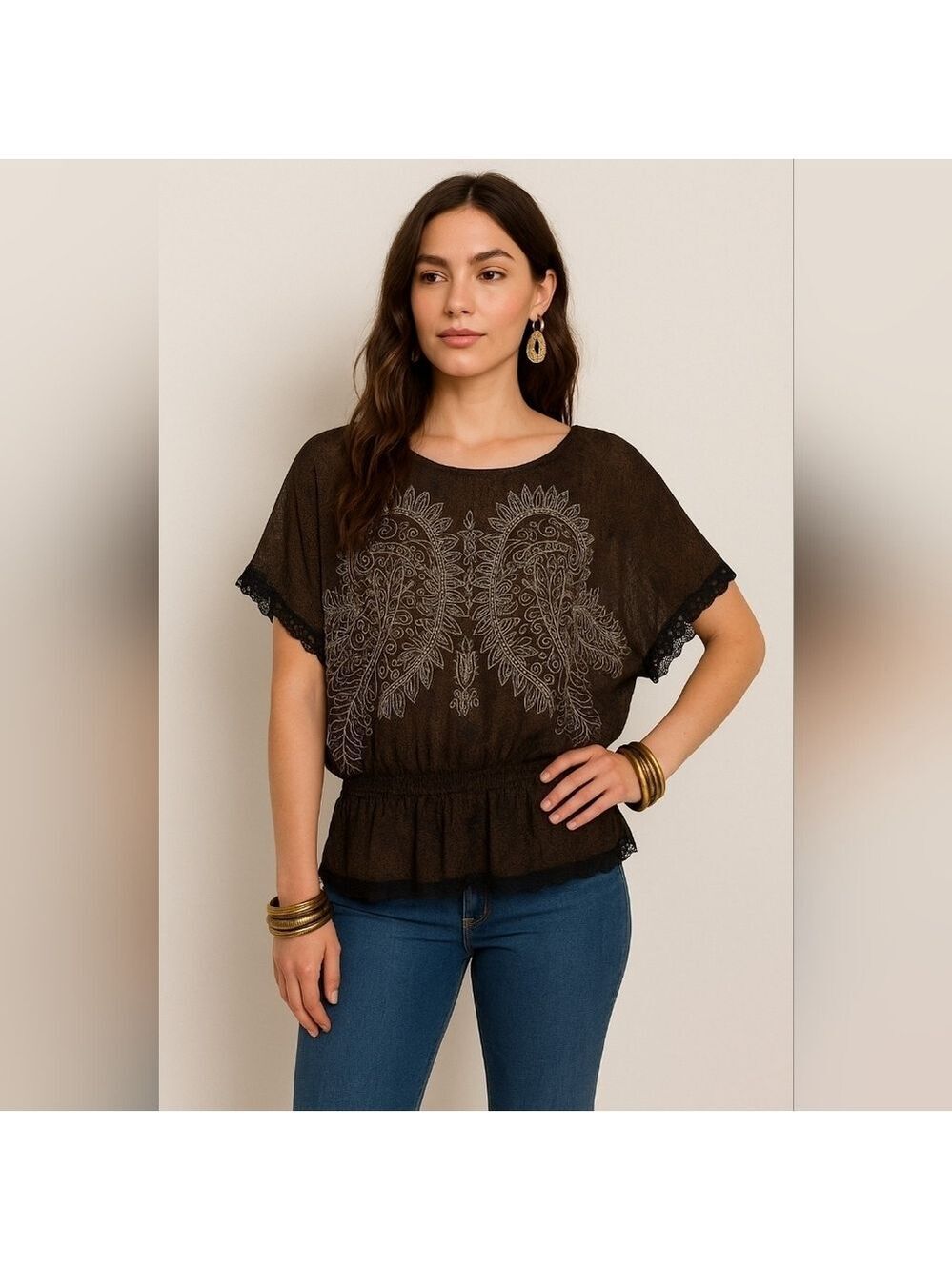 Desigual Sheer Boho Y2K Top Small Dark Brown White Print Lace